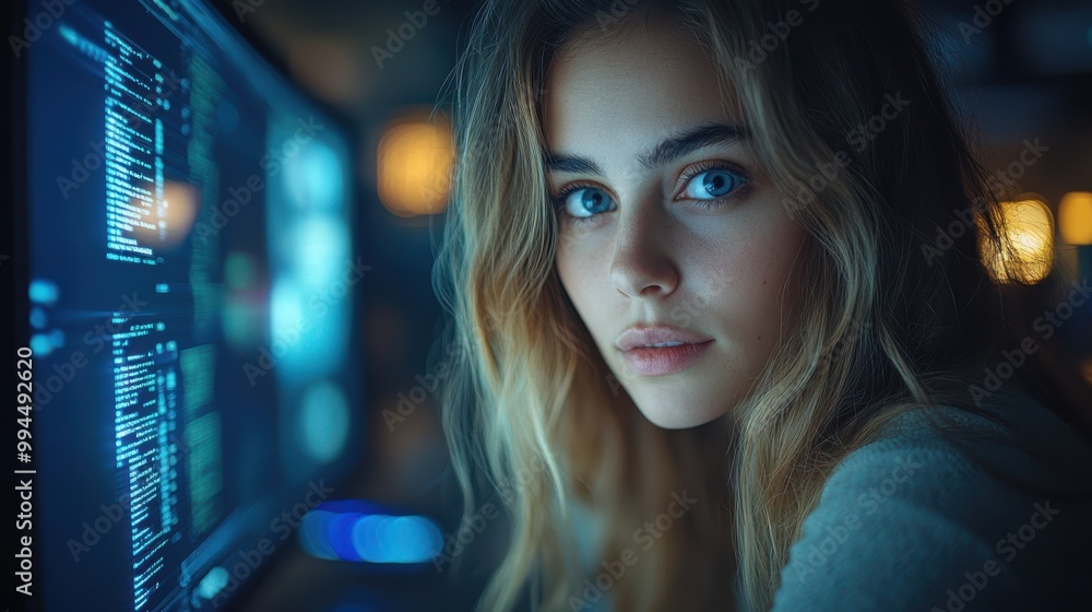 Close-up portrait of young woman with intense blue eyes in front of glowing computer screens. Cyber security professional, technology expert, futuristic work environment, digital innovation. Close-up portrait of young woman with intense blue eyes in front of glowing computer screens. Cyber security professional, technology expert, futuristic work environment, digital innovation.