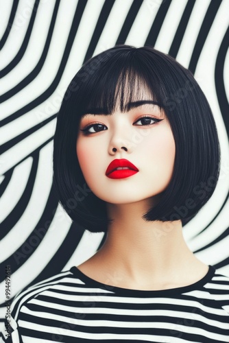 Young woman with striking makeup poses against a bold black and white striped...