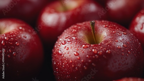 Fresh red apples with droplets glistening in natural light on a dark surface