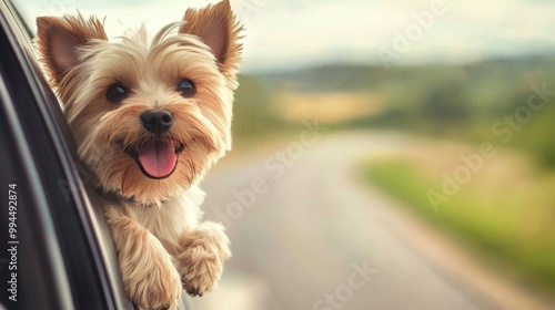 Happy small dog enjoys a car ride with its head out the window on a sunny day