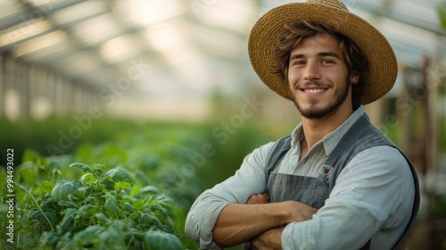 Smiling young farmer wearing straw hat and apron, standing with crossed arms in greenhouse, organic farming, sustainable agriculture, healthy plants, confident worker, rural lifestyle, farm job. photo