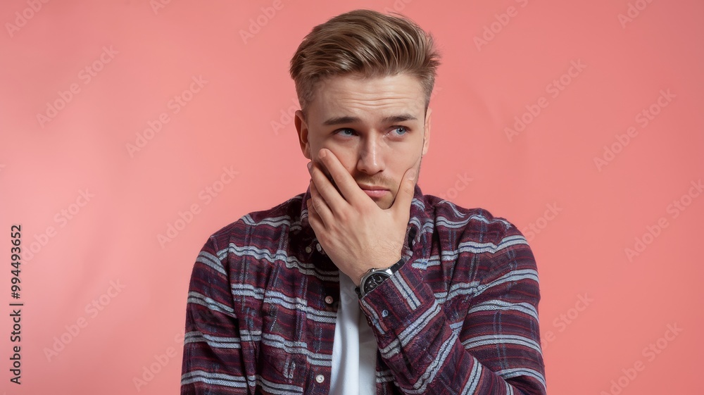 Portrait of a jaded young caucasian man isolated on pink background with copy space Portrait of a jaded young caucasian man isolated on pink background with copy space