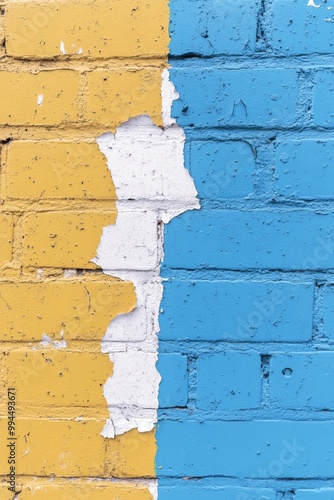 Colorful blue and yellow brick wall showing peeling paint and a faded urban t...