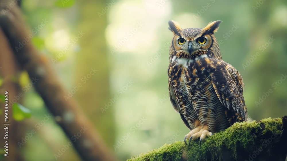 Majestic owl perched on mossy log in a tranquil forest during golden hour lighting Majestic owl perched on mossy log in a tranquil forest during golden hour lighting