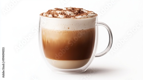 A double-walled glass mug filled with creamy cappuccino. The coffee has a foamy top with a swirl of milk and a dusting of cocoa powder. The mug is shown against a plain white background.