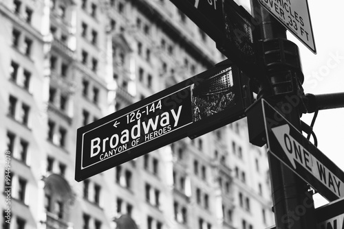 Close-up of Broadway sign in black and white in New York City photo