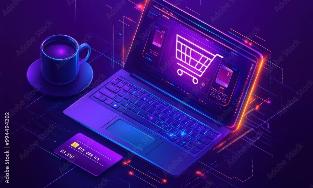 Futuristic digital workspace with neon laptop featuring e-commerce cart symbol and tech accessories in purple and blue illustration Futuristic digital workspace with neon laptop featuring e-commerce cart symbol and tech accessories in purple and blue illustration
