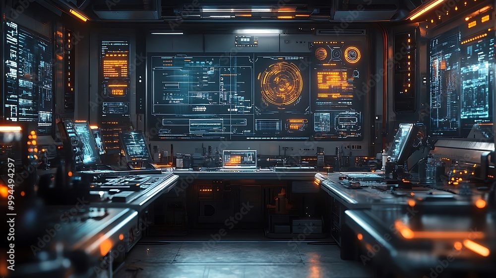 Futuristic Control Room with Digital Interfaces Futuristic Control Room with Digital Interfaces