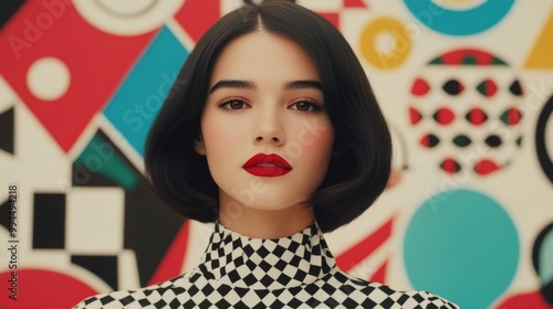 Stylish model with bold makeup poses confidently against vibrant geometric ba...