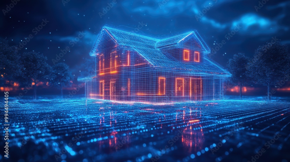 Futuristic 3D wireframe house glowing in the night with neon grid, representing smart home technology, digital architecture, and virtual reality in an immersive environment. Futuristic 3D wireframe house glowing in the night with neon grid, representing smart home technology, digital architecture, and virtual reality in an immersive environment.