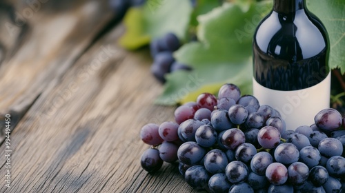 Grapes and wine bottle resting on a rustic wooden surface surrounded by green...