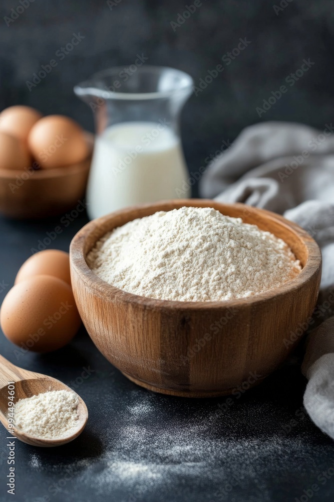 Essentials for baking: eggs, flour, milk, and kitchen tools arranged for culinary preparation Essentials for baking: eggs, flour, milk, and kitchen tools arranged for culinary preparation