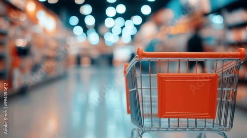 Shopping cart in a grocery store aisle with blurred shelves and vibrant light...