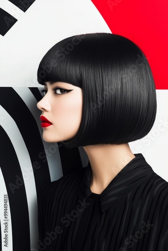 Young woman with striking makeup poses against a bold black and white striped...