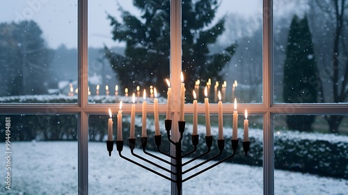 A menorah with lit candles sits in front of a window with a snowy scene outside. photo