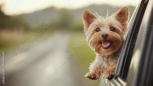 Happy small dog enjoys a car ride with its head out the window on a sunny day