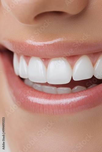 A close-up of a smiling person showing perfect white teeth and healthy gums i...