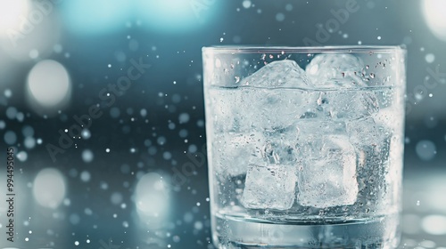 Refreshing glass of iced water with ice cubes on a table surrounded by soft b...