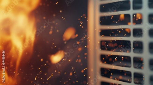 A close-up view of flames and sparks near a metal grate in a fiery situation