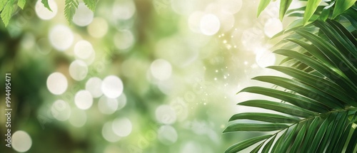 Lush green palm leaves illuminated by soft sunlight in a tropical setting wit...