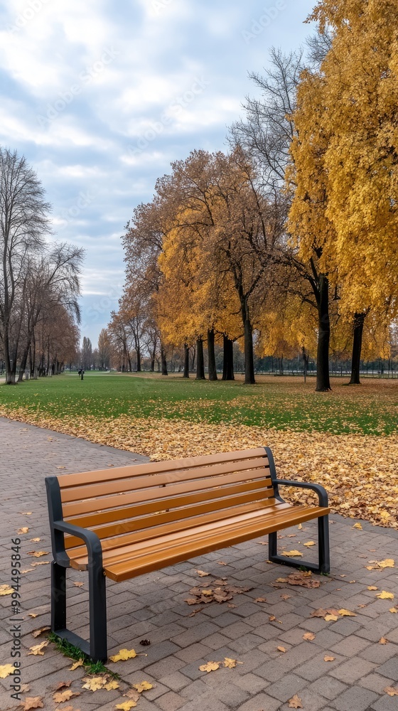 A wooden bench sits alone on a carpet of yellow leaves in a serene park during autumn. The vibrant colors and peaceful atmosphere invite moments of reflection A wooden bench sits alone on a carpet of yellow leaves in a serene park during autumn. The vibrant colors and peaceful atmosphere invite moments of reflection