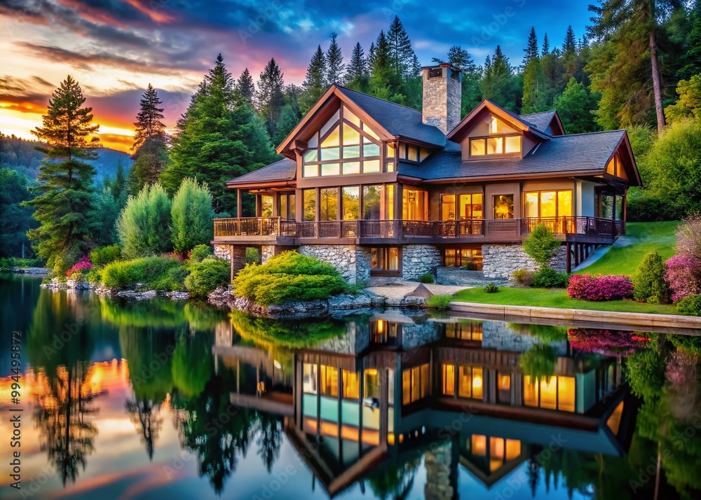 Obraz premium Stunning Luxury Lake House Surrounded by Nature with Beautiful Views and Modern Architecture Features