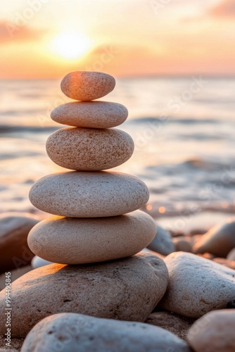Balanced stones stacked on the beach with a beautiful sunset in the background