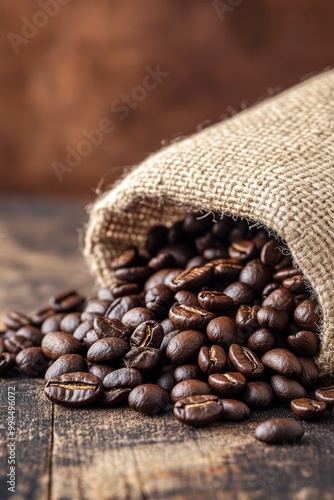 Freshly roasted coffee beans spilling from a burlap sack on rustic wooden sur...