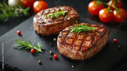 Grilled steaks served with fresh tomatoes and herbs on a dark stone plate in ...