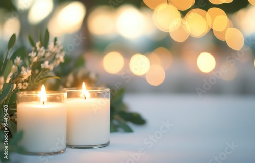 Softly glowing candles illuminating a cozy setting with greenery during a tra...