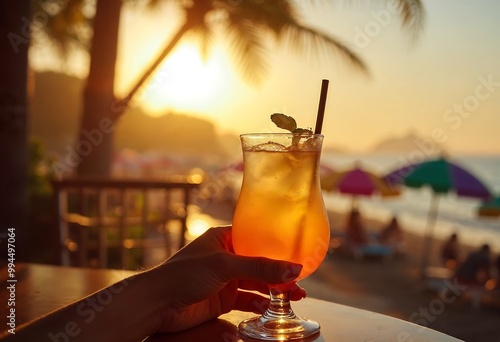 A golden cocktail is held by hand with a beach and palm trees in the background, captured during a beautiful sunset photo