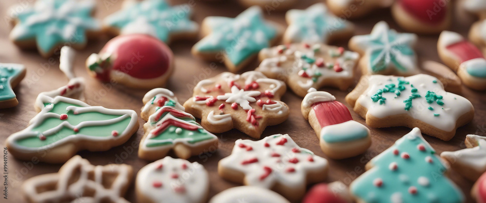 Image of cute cookies and other Christmas ornaments lined up Image of cute cookies and other Christmas ornaments lined up