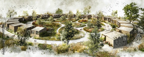 Technical drawing of a circular residential development, integrating communal gardens, shared resources, and a focus on community-driven living
