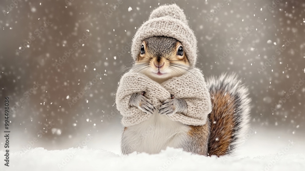 A cute squirrel dressed in a cozy red sweater and hat stands on a blanket of snow, showcasing its adorable personality amidst the winter cold A cute squirrel dressed in a cozy red sweater and hat stands on a blanket of snow, showcasing its adorable personality amidst the winter cold