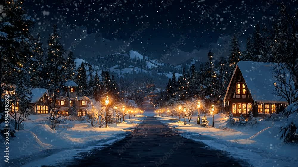 Snowy village street illuminated by warm lights on a peaceful winter night. Seamless looping 4k time-lapse video background.