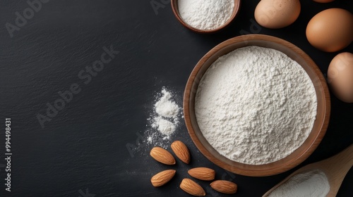 Preparing for baking with flour, eggs, and almonds on a dark wooden surface