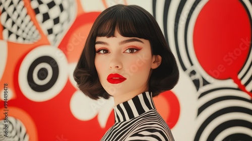 Stylish model with bold makeup poses confidently against vibrant geometric ba...