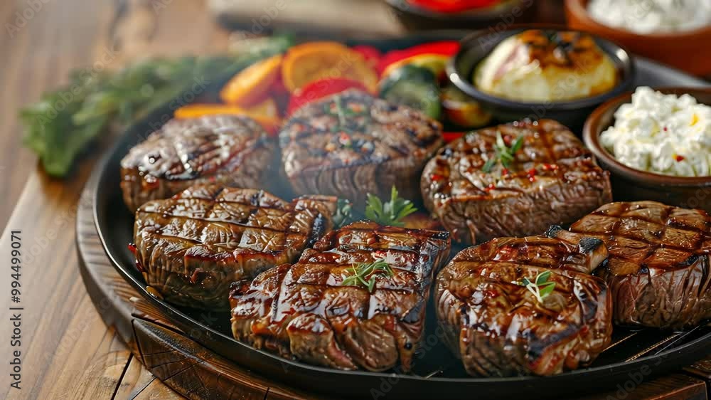 A platter of grilled steaks sits on a wooden table, ready to be devoured A platter of grilled steaks sits on a wooden table, ready to be devoured