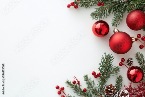 Festive red ornaments and pine branches for a joyful holiday celebration back...