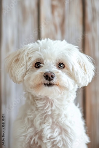 Fluffy white dog looking curiously at the camera in a cozy wooden home enviro...