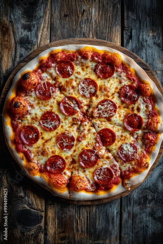 Delicious pepperoni pizza on rustic wooden table ready to be served for a cas...