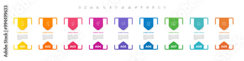 Modern vector flat illustration. Line infographic numbers template with nine elements, icons. Timeline designed for business, presentations, web design, interface, diagrams with 9 steps