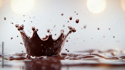 Chocolate splash creating a crown shape on a smooth surface in a softly lit e...
