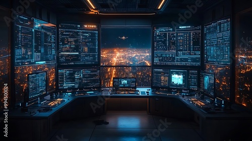 Futuristic Control Room with Cityscape View