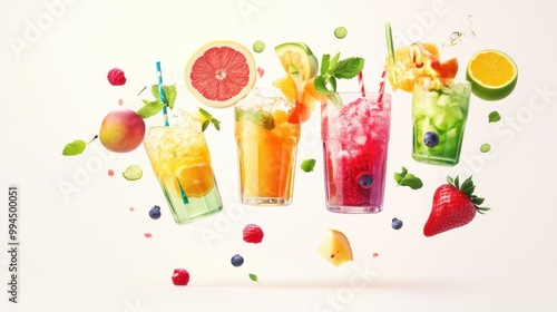 Four Glasses of Colorful Fruit-Infused Beverages with Floating Ingredients