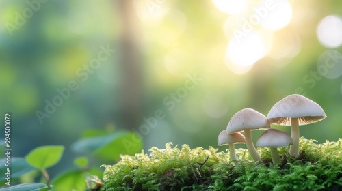 Delicate pink mushrooms growing on moss under soft sunlight in a lush forest ...