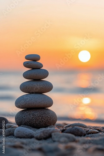 Balanced stones stacked on the beach with a beautiful sunset in the background