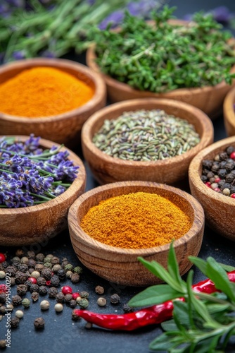 A colorful assortment of spices and herbs arranged in wooden bowls on a dark surface