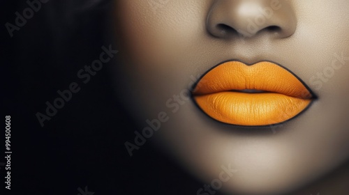 A woman poses with her eyes closed, emphasizing her flawless skin and bold or...