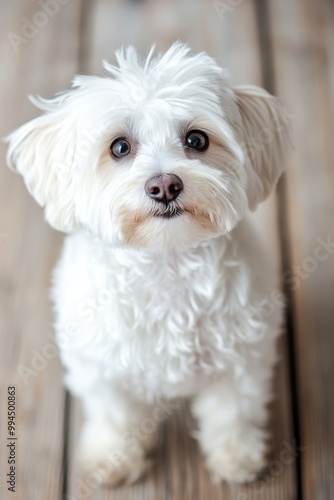 Fluffy white dog looking curiously at the camera in a cozy wooden home enviro...